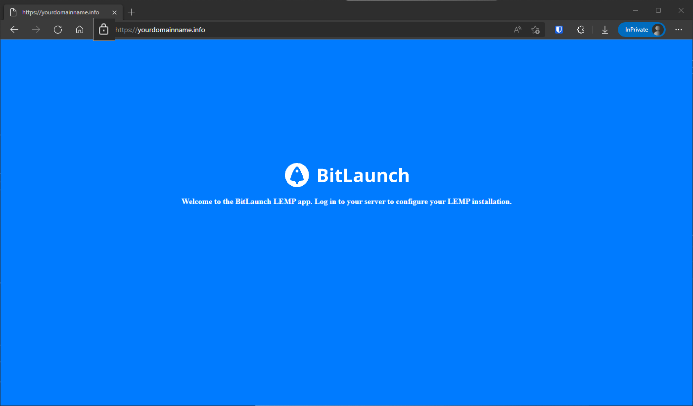 A blue webpage reads "Wecloem to the BitLaunch LEMP app. Log in to your server to configure your LEMP installation". A HTTPS padlock is highlighted in the browser's address bar.
