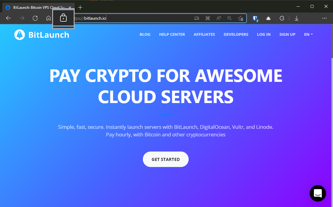 The BitLaunch site with SSL enabled
