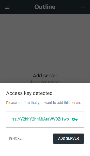 The "Access key detected" interface in the Outline Client