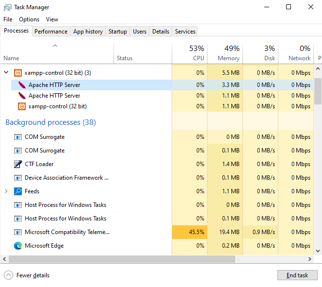 Task manager windiow with "Apache HTTP server" selected