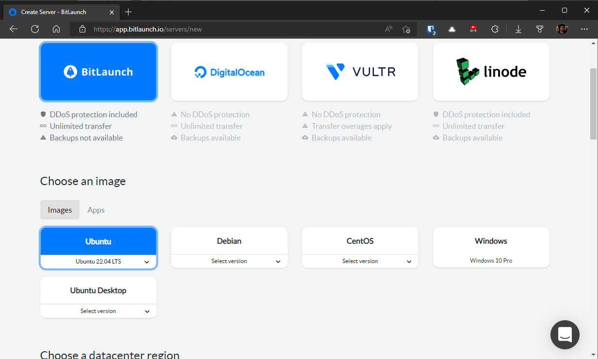 BitLaunch control panel with "BitLaunch" selected as the server provider and "Ubuntu" as the OS.