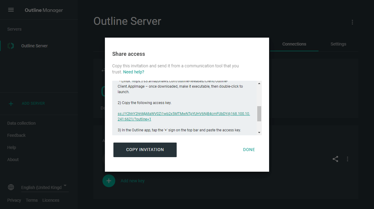 A "share access" window in Outline Manager that contains connection instructions and an access key.