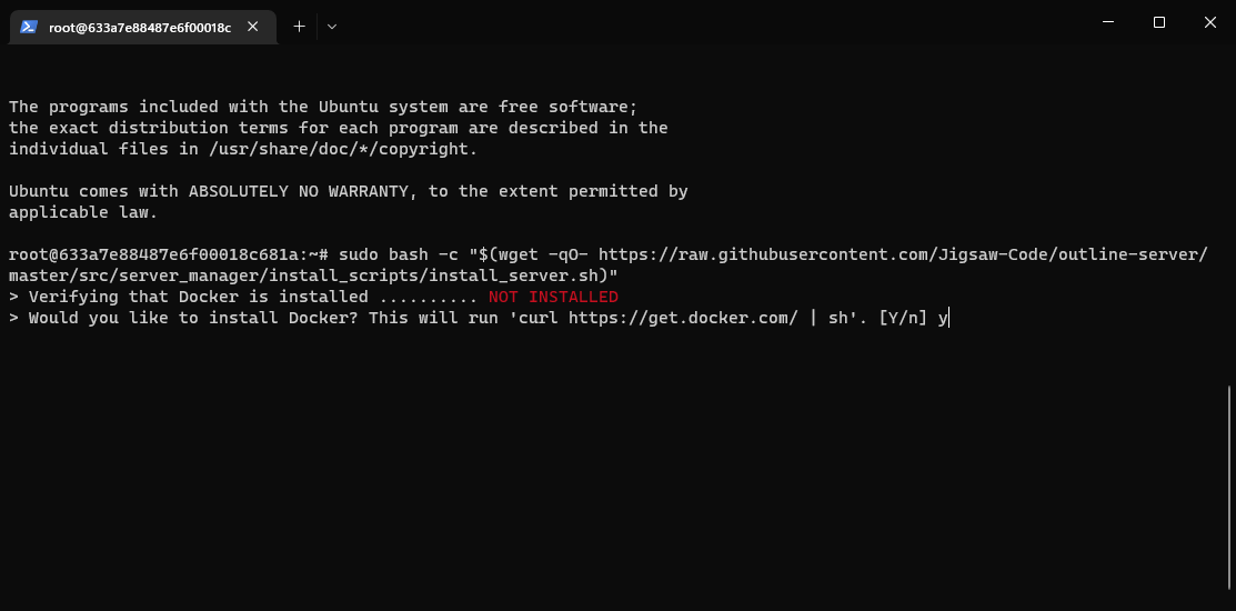 The Outline server set up on a VPS. The final line reads "Would you like to install Docker?"