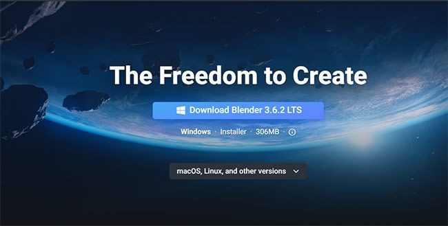 The download page on the blender website. A banner reads "The Freedom to Create", with a download button below and a picture of the earth in the the background. 