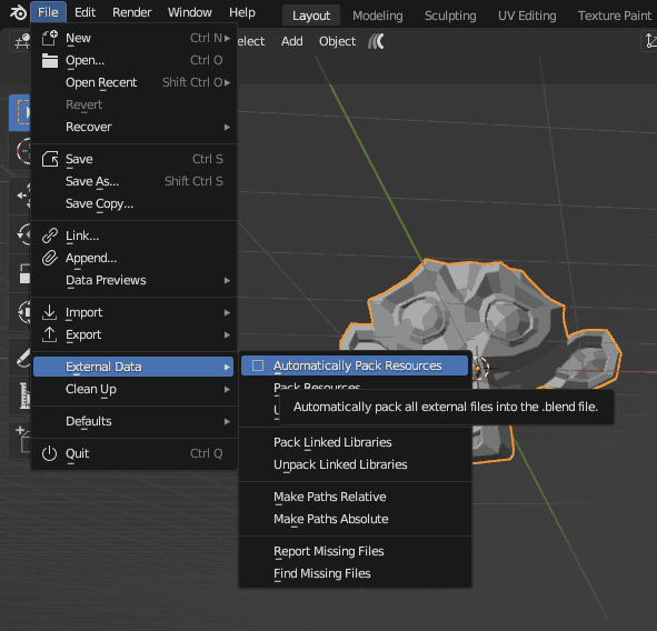 A screenshot of the blender interface shows the file menu opened, with "External Data" and "Automatically Pack Resources" selected. There is a 3D model of a monkey in the background.