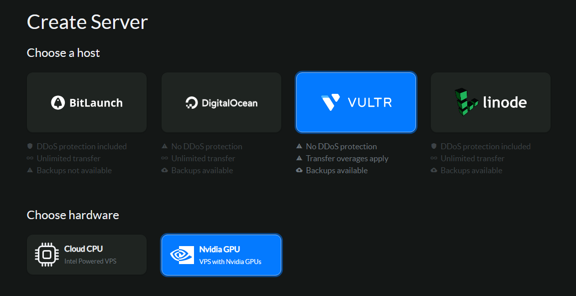 the bitlaunch control panel with "Nvidia GPU" and "Vultr" selected