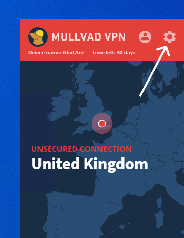 Screenshot of the mullvad VPN client with an arrow pointing to a cog icon in the top-right corner