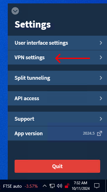 Screenshot of Mullvad settings with an arrow pointing to "VPN settings"