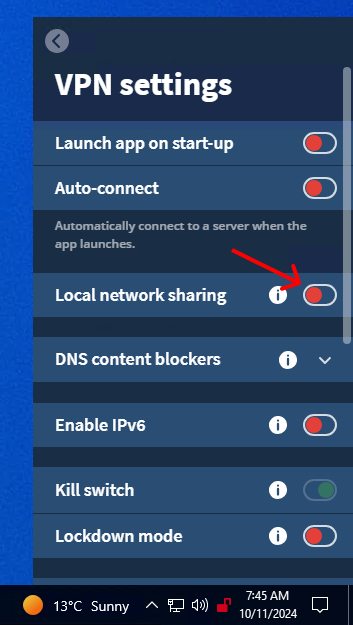 Screenshot of the mullvad client with an arrow pointing to the "local network sharing" toggle.