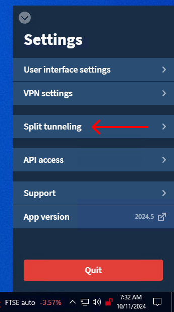 Screenshot of the mullvad settings interface with an arrow pointing to the "Split tunneling" heading