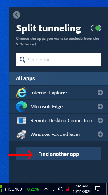 The Split tunneling interface with an arrow pointing to a button that says "Find another app".