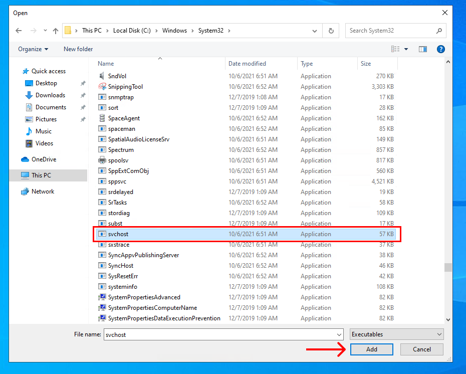 Windows explorer interface with "svchost" selected annd the "Add" button highlighted.