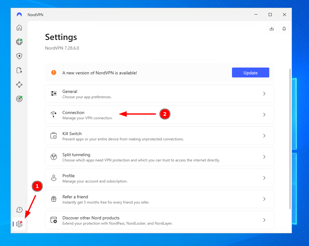 Nord VPN client with arrows pointing to the settings cog and connection heading.