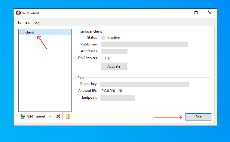 WireGuard client with arrows pointing to a tunnel called "client" and the "Edit" button.