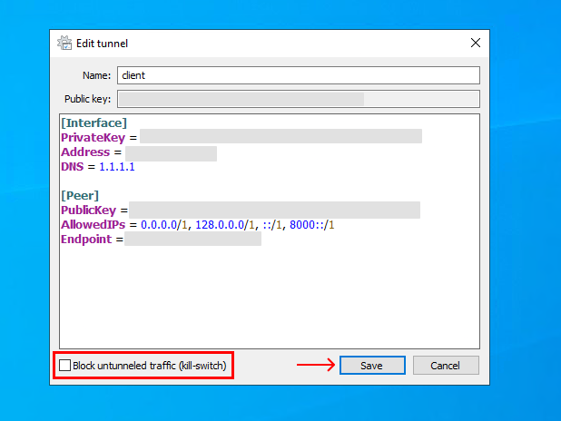 WireGuard ediot tunnel window with a red box around "Block untunneled traffic" and an arrow pointing to the save button.